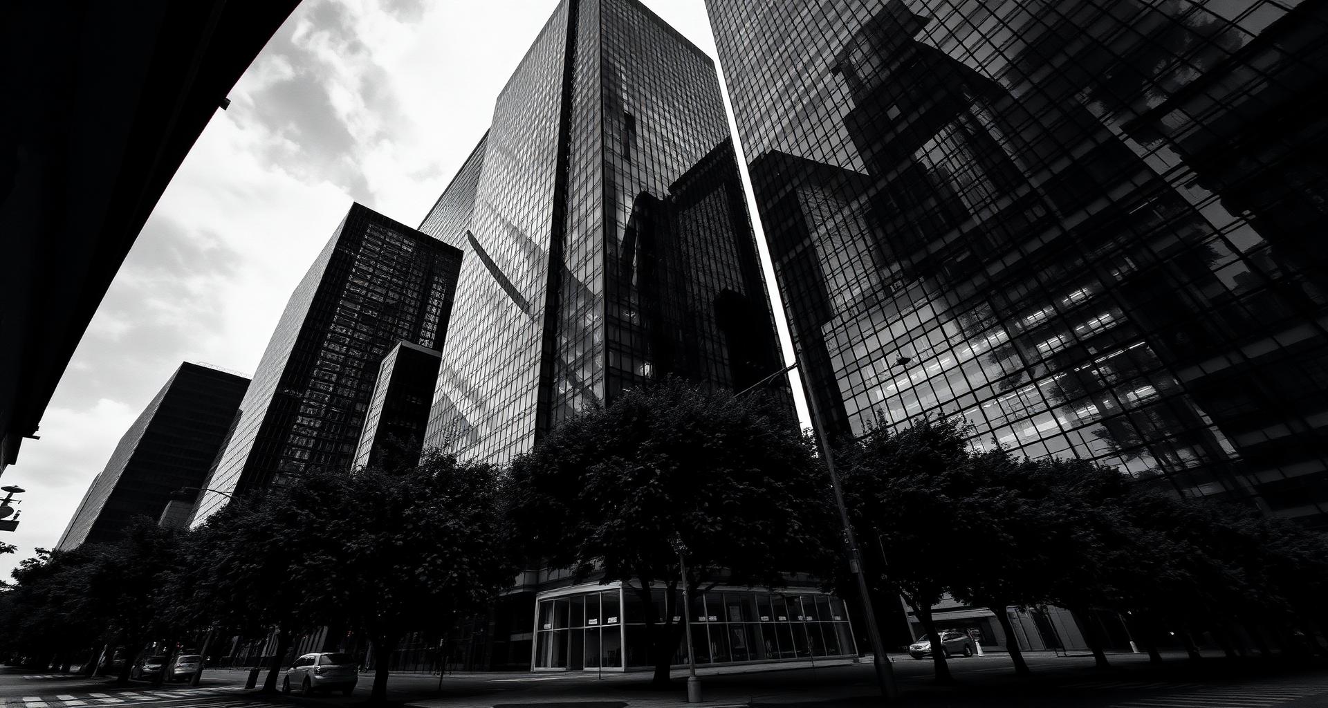 Looking up at downtown skyscrapers, monochrome